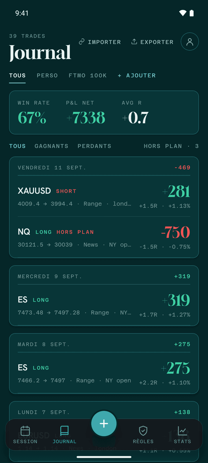 Journal des trades dans l'app TradingNerve
